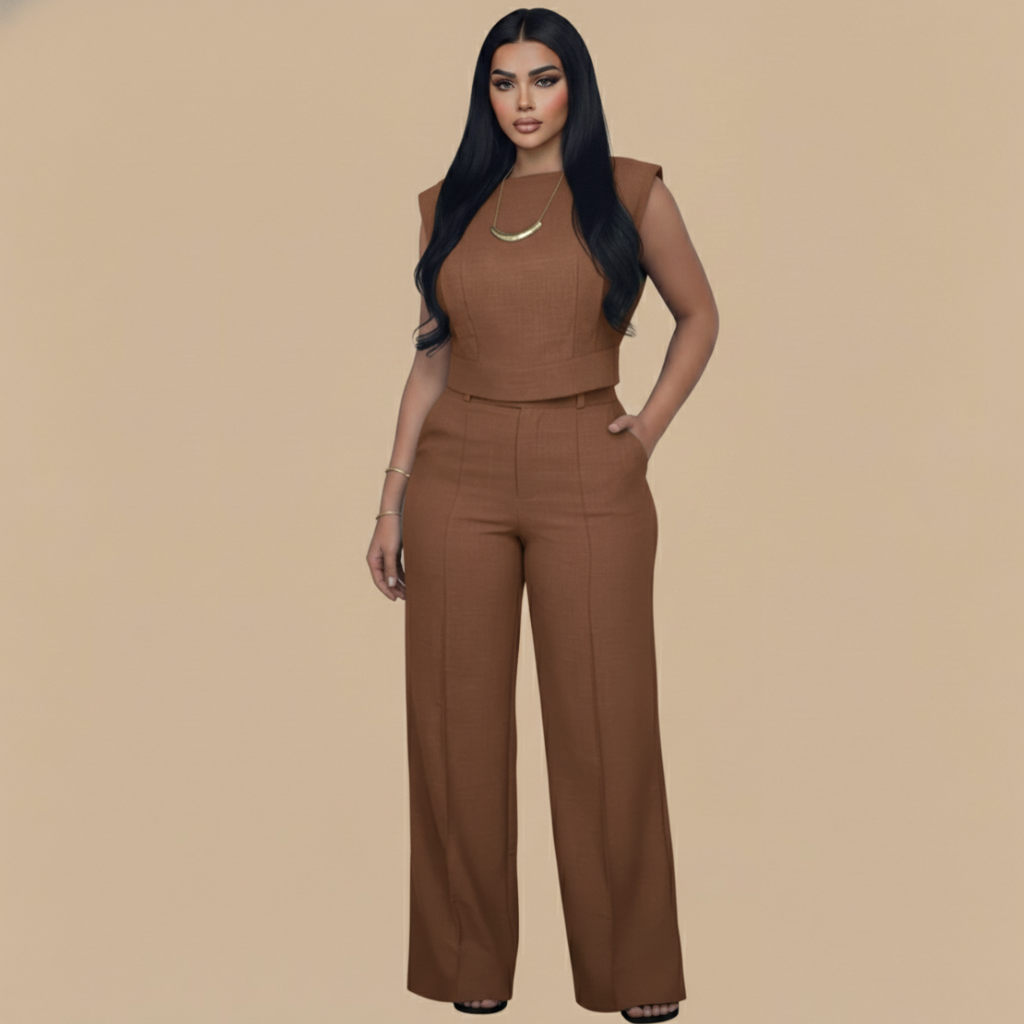 Short Top & Straight-Leg Pants Casual Women's Suit