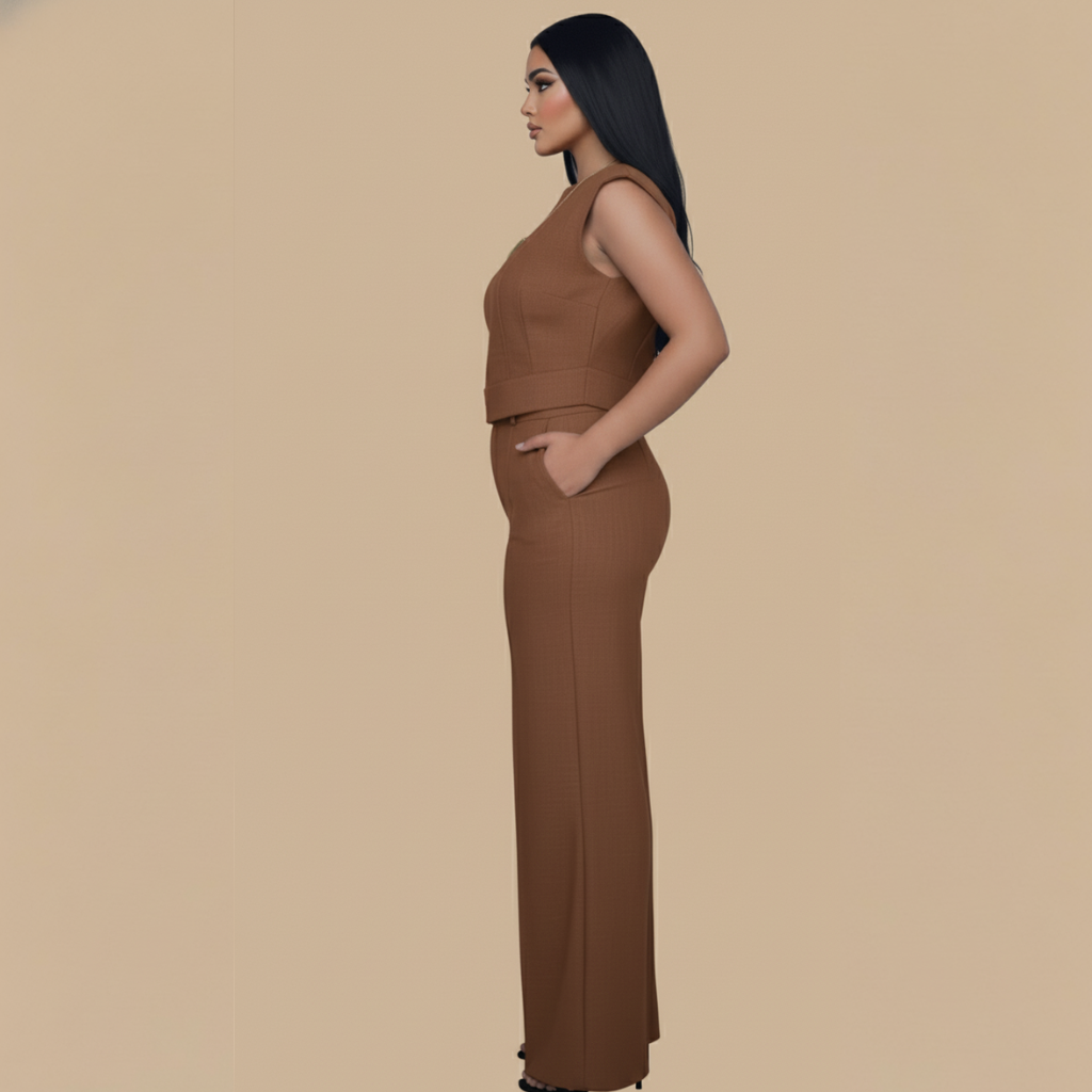 Short Top & Straight-Leg Pants Casual Women's Suit