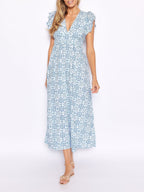 Blue Medallion V-Neck Flutter Sleeve Maxi Dress